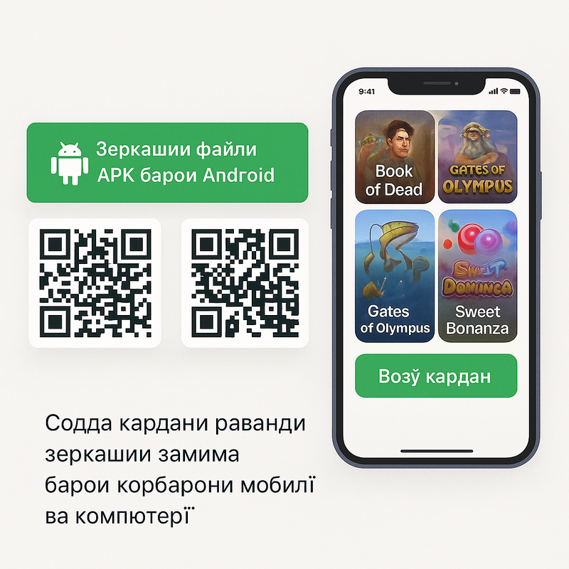 Блоки зеркашии замима бо тугмаҳо барои Android ва iOS, QR-кодҳо барои сканеркунии зуд ва скриншоти интерфейси бозии мобилӣ